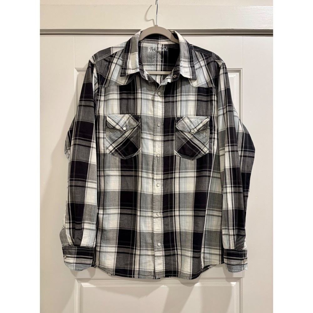 Reclaim Mens Large Black White Plaid Pearl Snap Western Long Sleeve Shirt Cotton